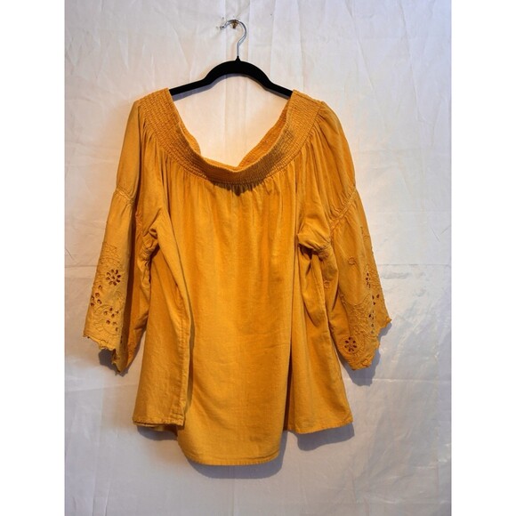 Lane Bryant 18/20 Mustard Boho Peasant Top Eyelet Bell Sleeve Cotton Shirt - Picture 2 of 8